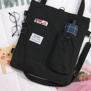 Schwarze Canvas-Tasche mit flacher Tasche, Tasche mit Kordelzug und Gurt, von oben