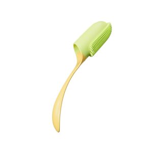 Fingerbürste mit limettengrünem Kopf und gelbem gebogenem Griff auf weißem Hintergrund