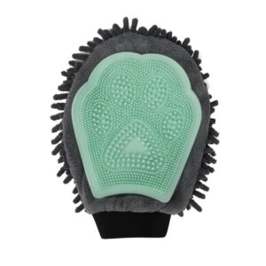 Dunkelgrauer Chenille-Handschuh mit grünem Gummipad in Pfotenform auf weißem Hintergrund