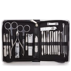 Offenes schwarzes Etui mit dem Maniküre-Set aus Edelstahl, 26 Teile, jedes Werkzeug in seiner Schlaufe