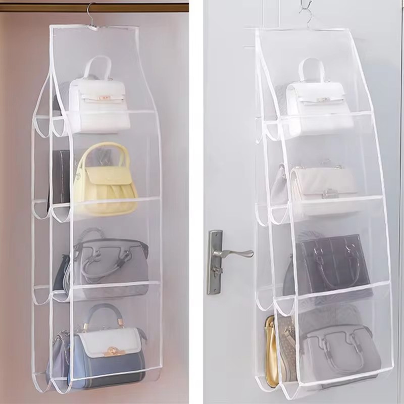 Zwei Ansichten des Organizers mit Handtaschen: links von vorn im Schrank, rechts von der Seite an einer Tür